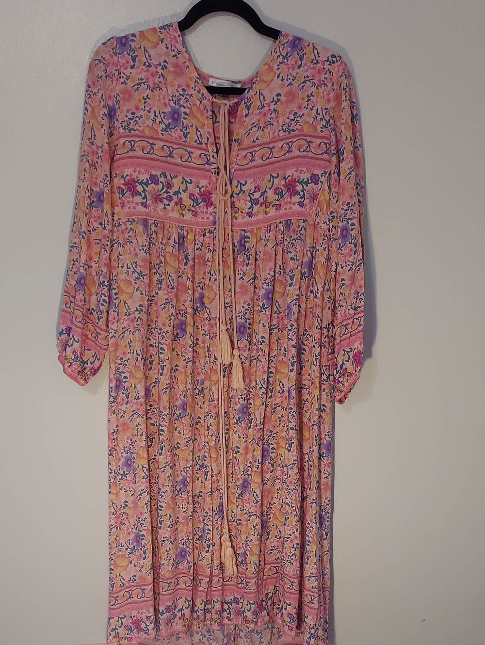 R. Vivimos Women's Pink Floral Peasant Boho V-Neck Tassel Midi Dress Size S